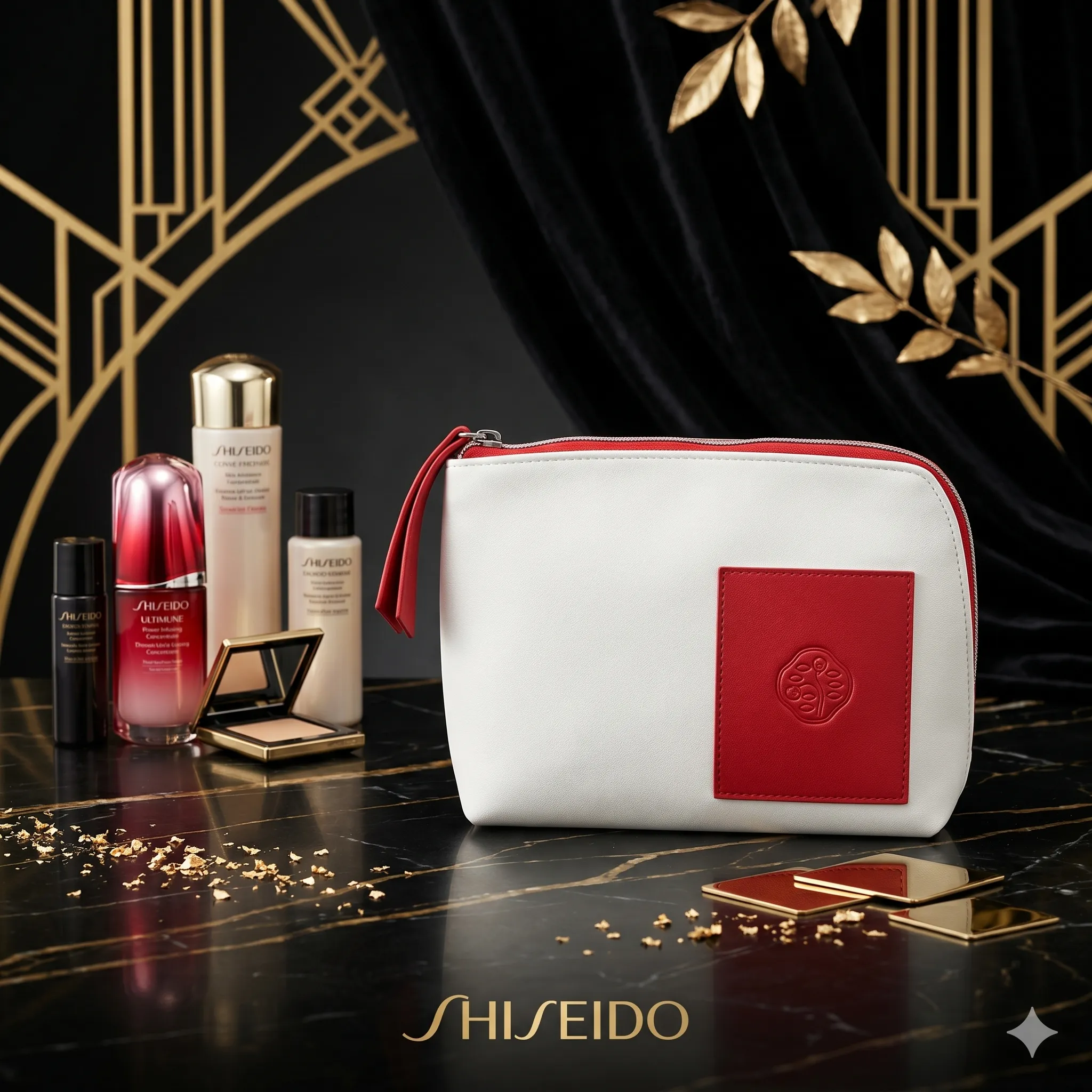 SHISEIDO 白底紅色花圖案化妝袋
